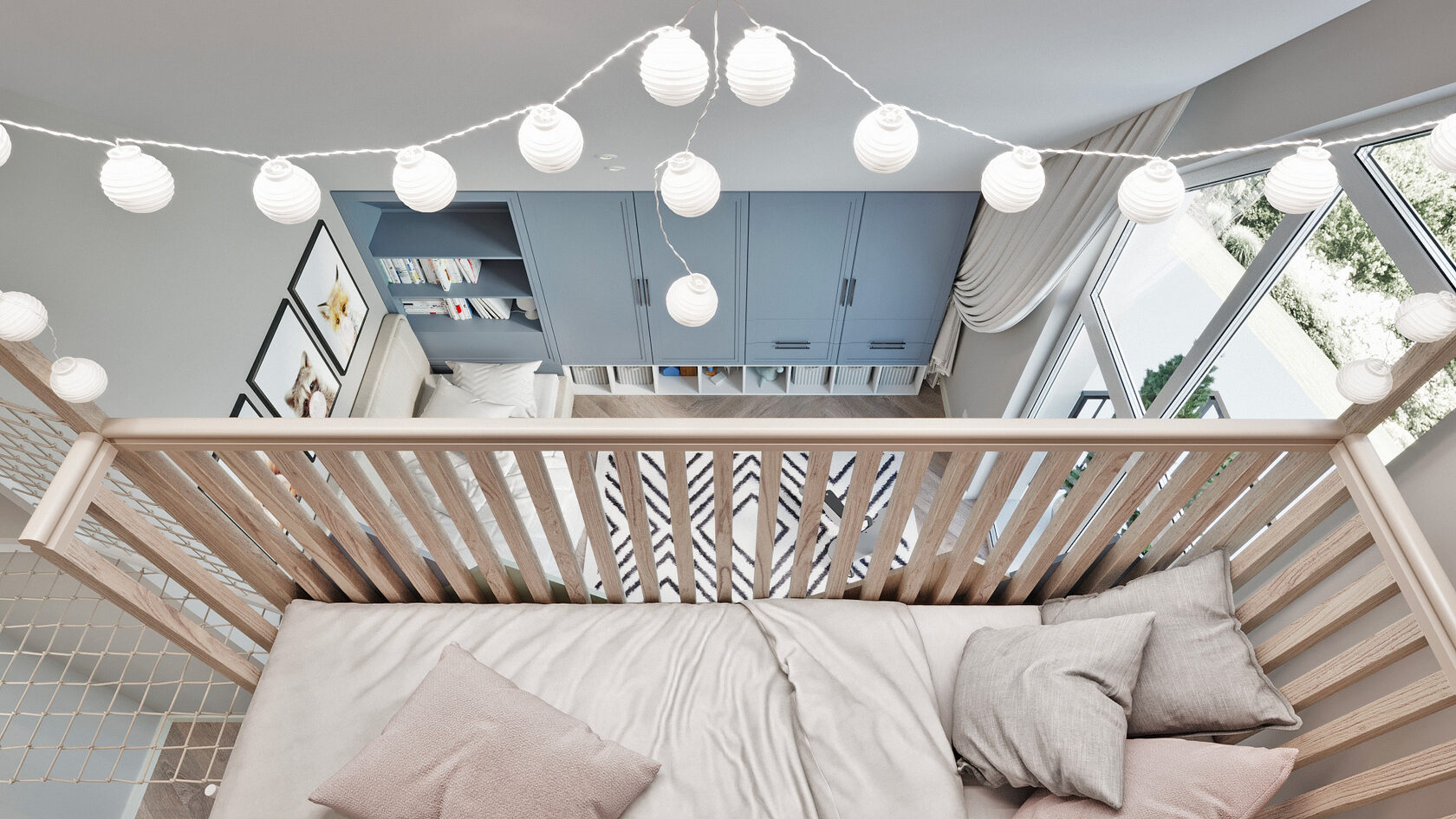 Aménagement chambre enfant et bébé avec lit mezzanine et vue panoramique