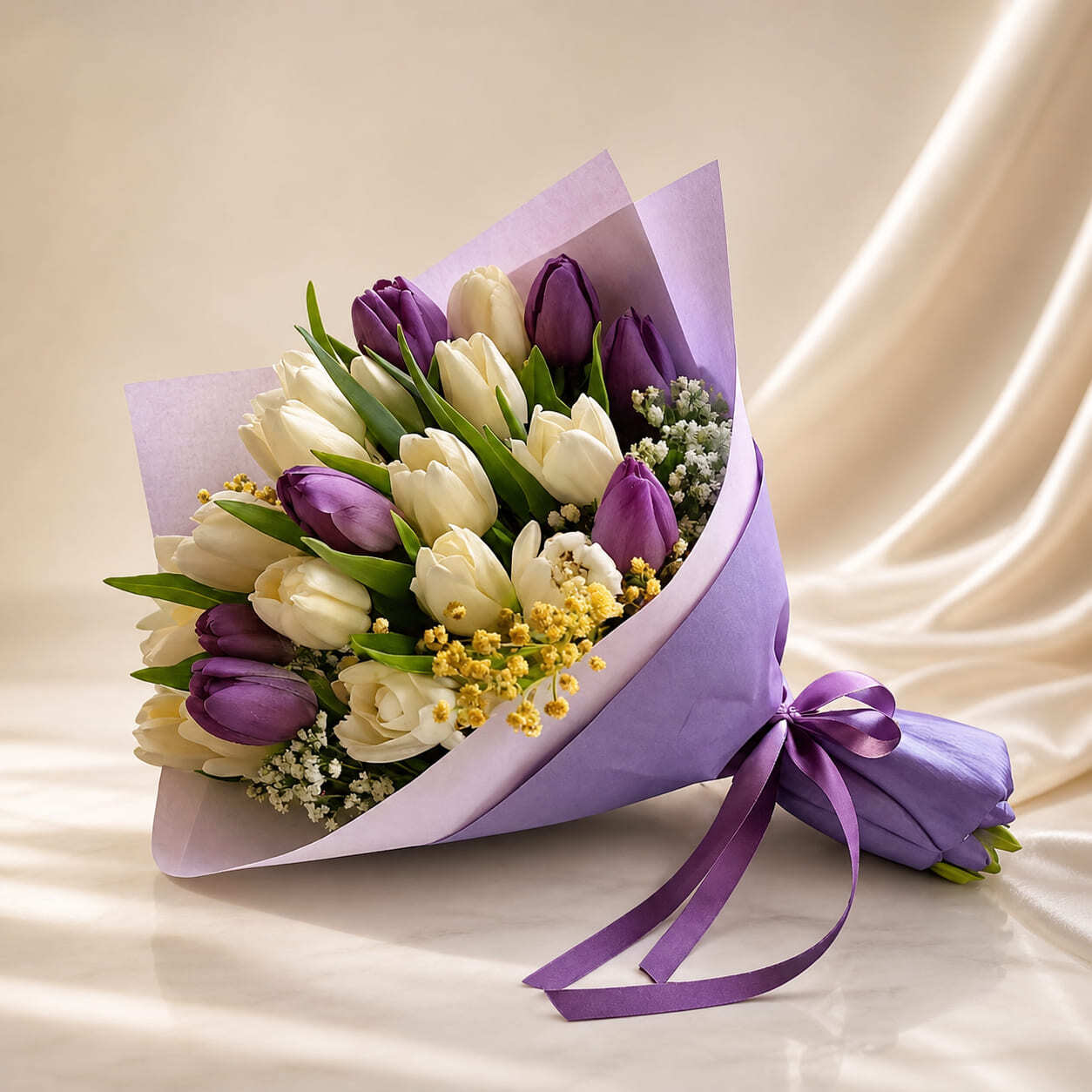 Purple and white tulip bouquet with elegant wrapping for flower delivery in Rabat Morocco