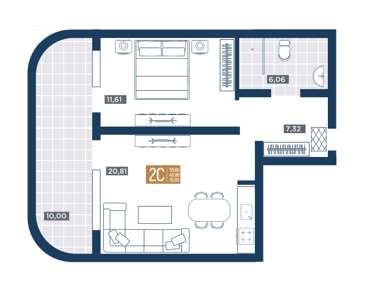 Планировка 2-комнатная 55,8 м²