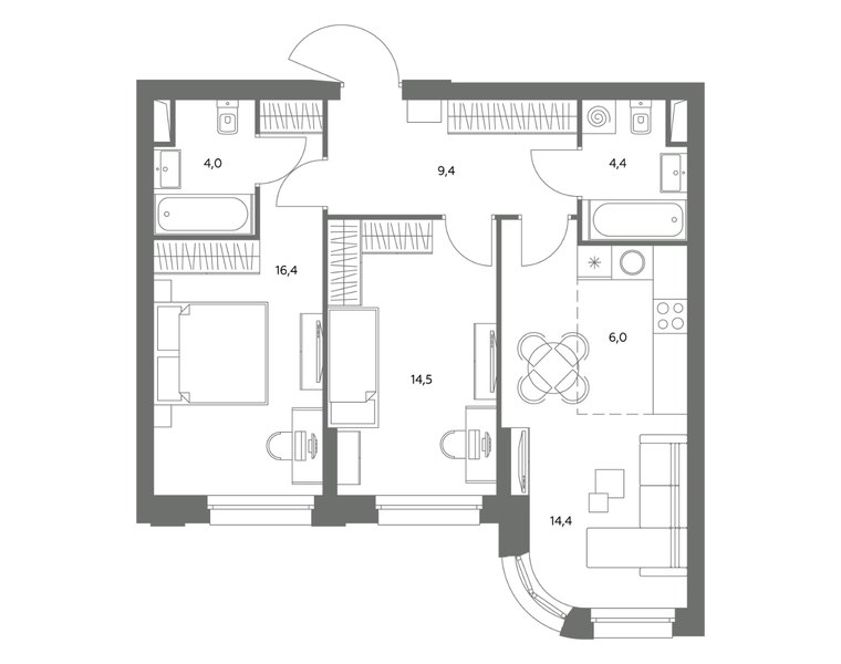 Планировка 3-комнатной квартиры 69,1 м² в ЖК «Адмирал»: корпус 1.1, секция 1, 3-й этаж