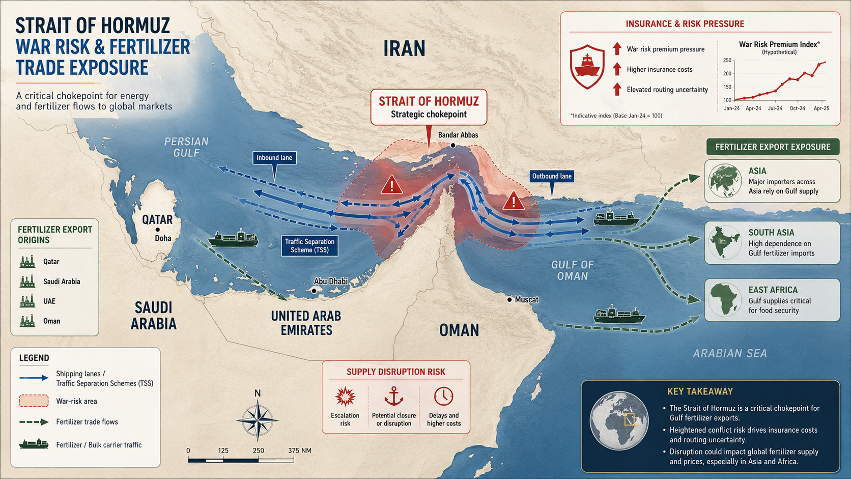 Analytical illustration of Strait of Hormuz war risk, JMIC advisory, JWC listed areas and shipping insurance premium pressure in May 2026