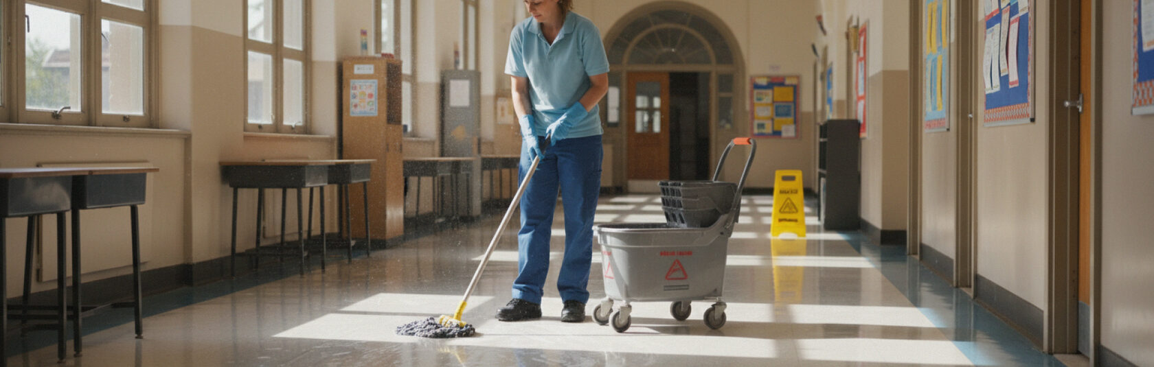 Клинер моет пол в школьном коридоре, поддерживающая уборка в образовательном учреждении