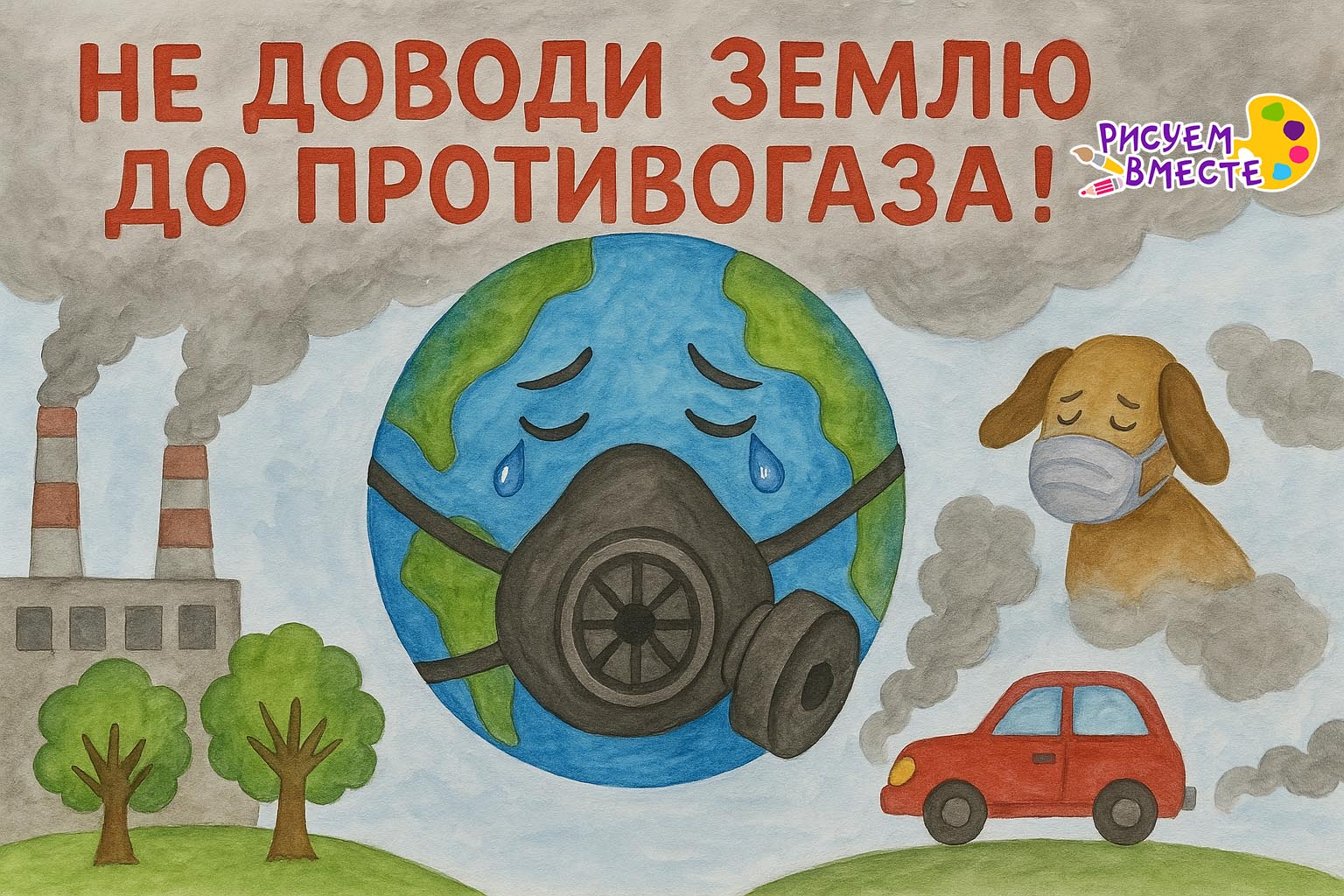 Детский рисунок красками «Не доводи Землю до противогаза». Планета Земля в противогазе со слезами на фоне заводов с дымом, красной машины с выхлопами и собаки в маске. Экологический плакат о загрязнении воздуха и защите природы.