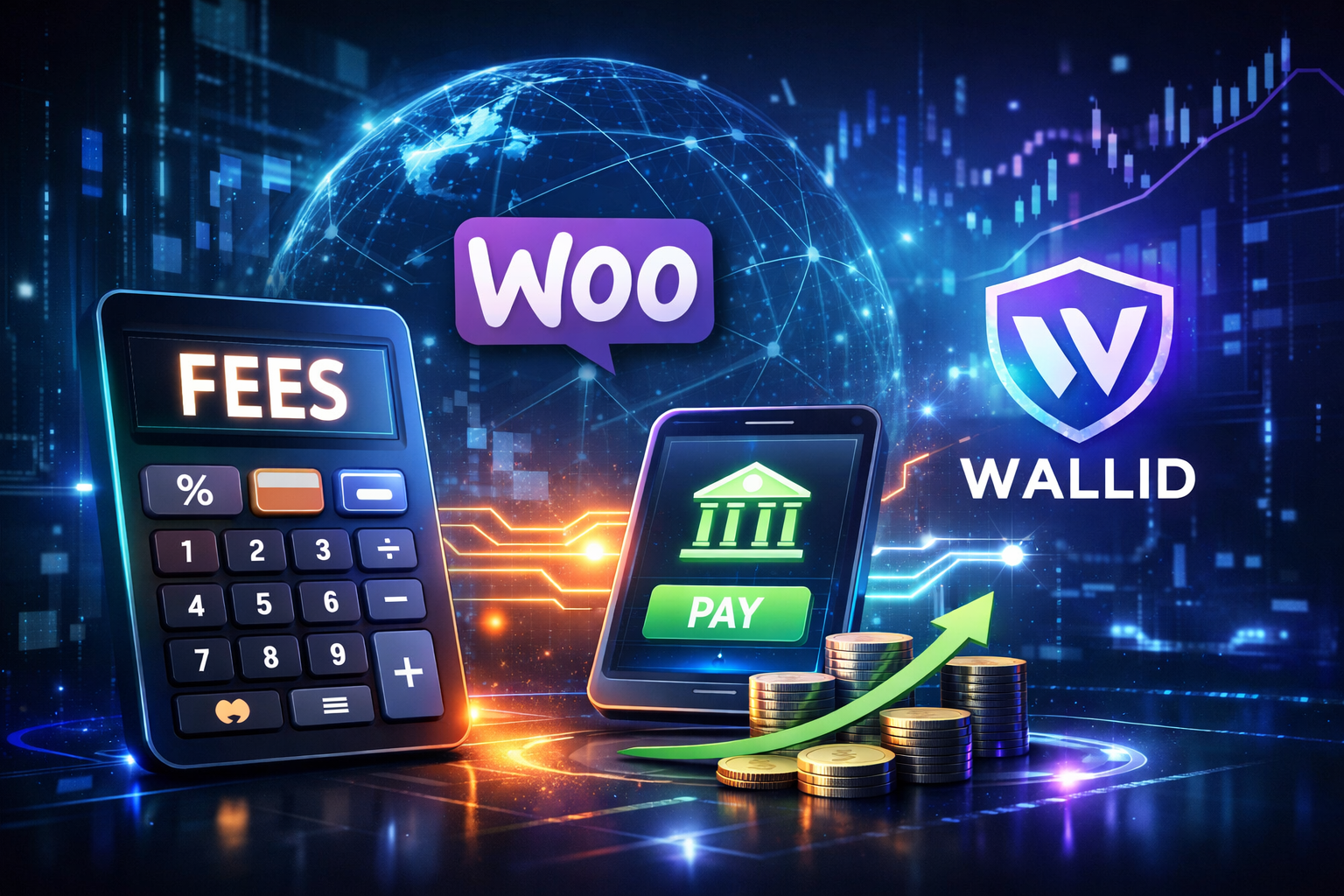 Futuristic illustration showing WooCommerce payment fees, pay-by-bank checkout, and Wallid’s payment infrastructure with digital finance elements