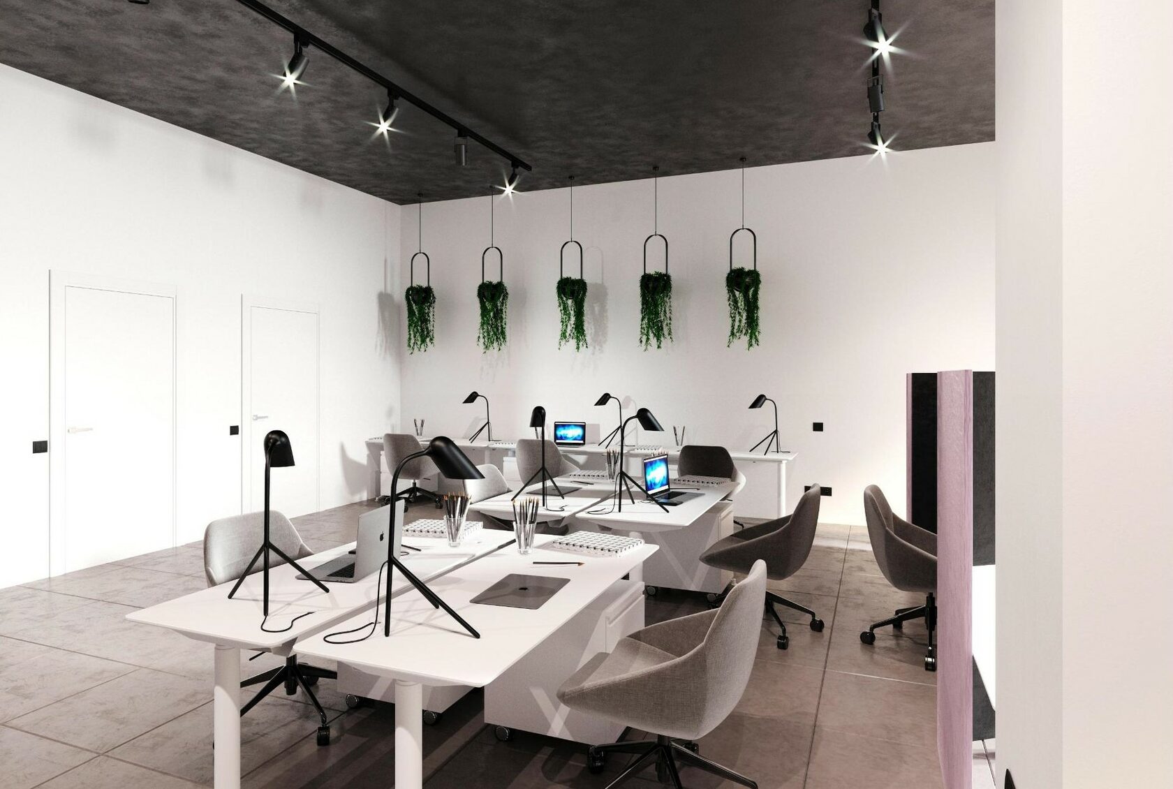 рабочая зона с белыми столами и серыми стульями 