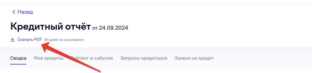 Скриншот сводки кредитной истории Credistory