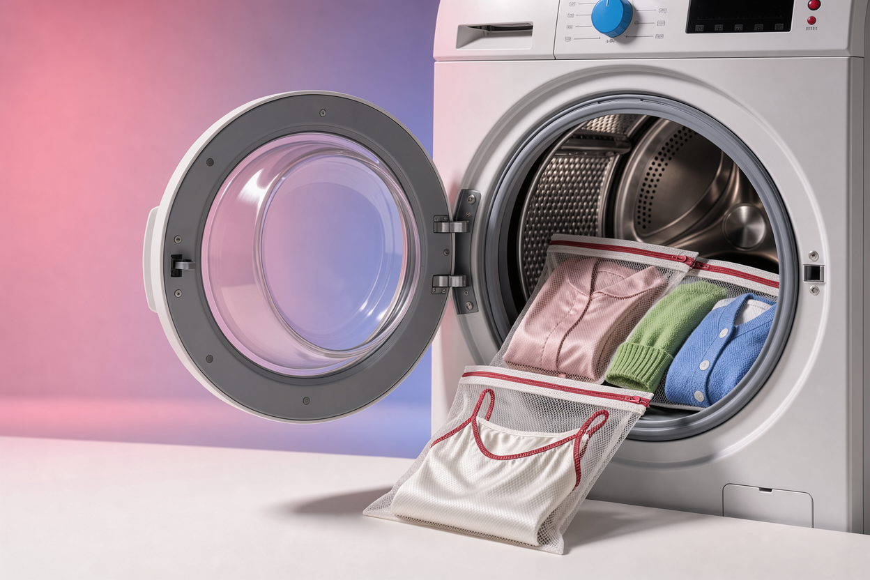 delicate garments placed inside mesh laundry bags and carefully loaded into a washing machine drum, soft fabrics like silk and knitwear visible