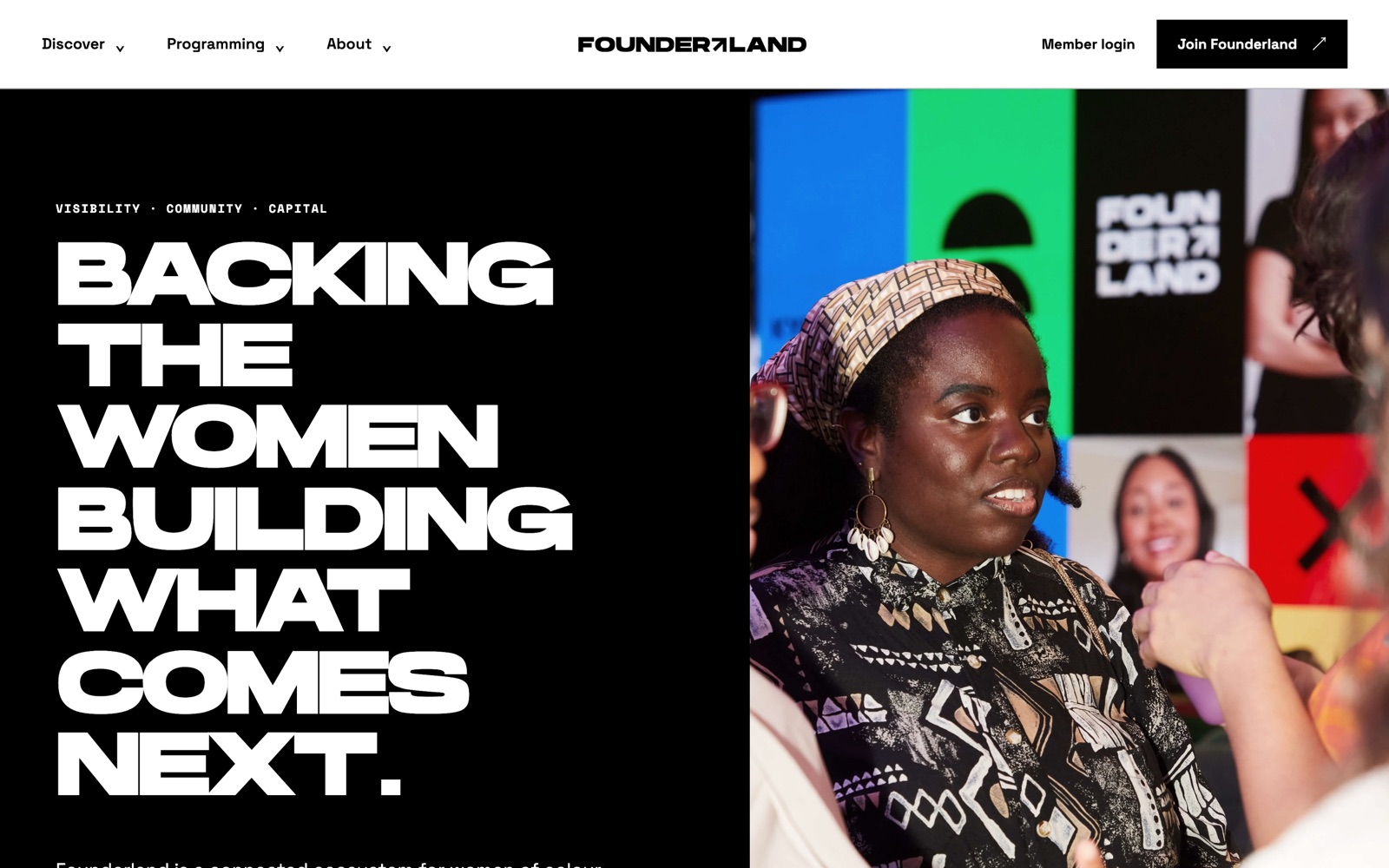 Founderland homepage screenshot: community and grants for women of colour founders