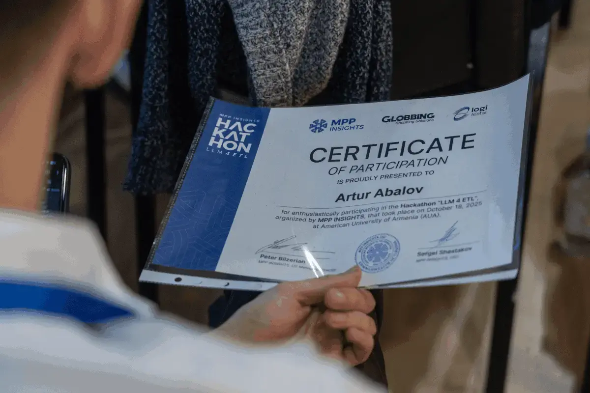 Certificate of participation for LLM 4 ETL Hackathon 2025 in Yerevan, Armenia
