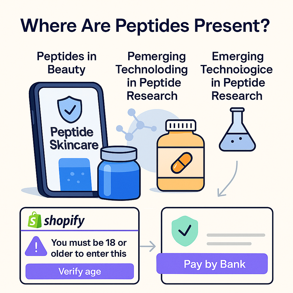 Infographic titled ‘Where Are Peptides Present?’ showing peptide skincare, bodybuilding supplements, and peptide research alongside Shopify Pay-by-Bank and age verification icons, highlighting compliance and payment solutions for UK sellers.