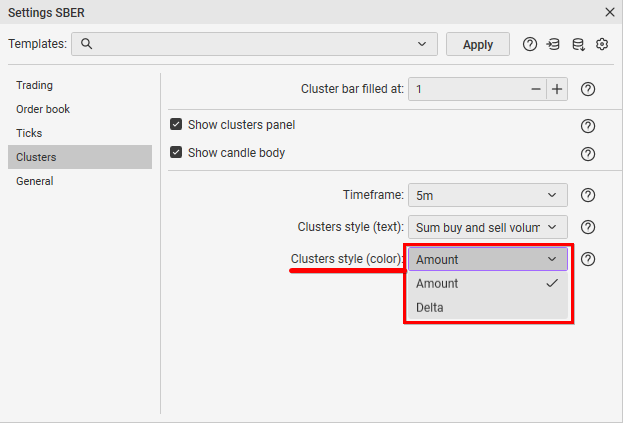 “Amount” or “Delta” display mode selection in the CScalp trading terminal