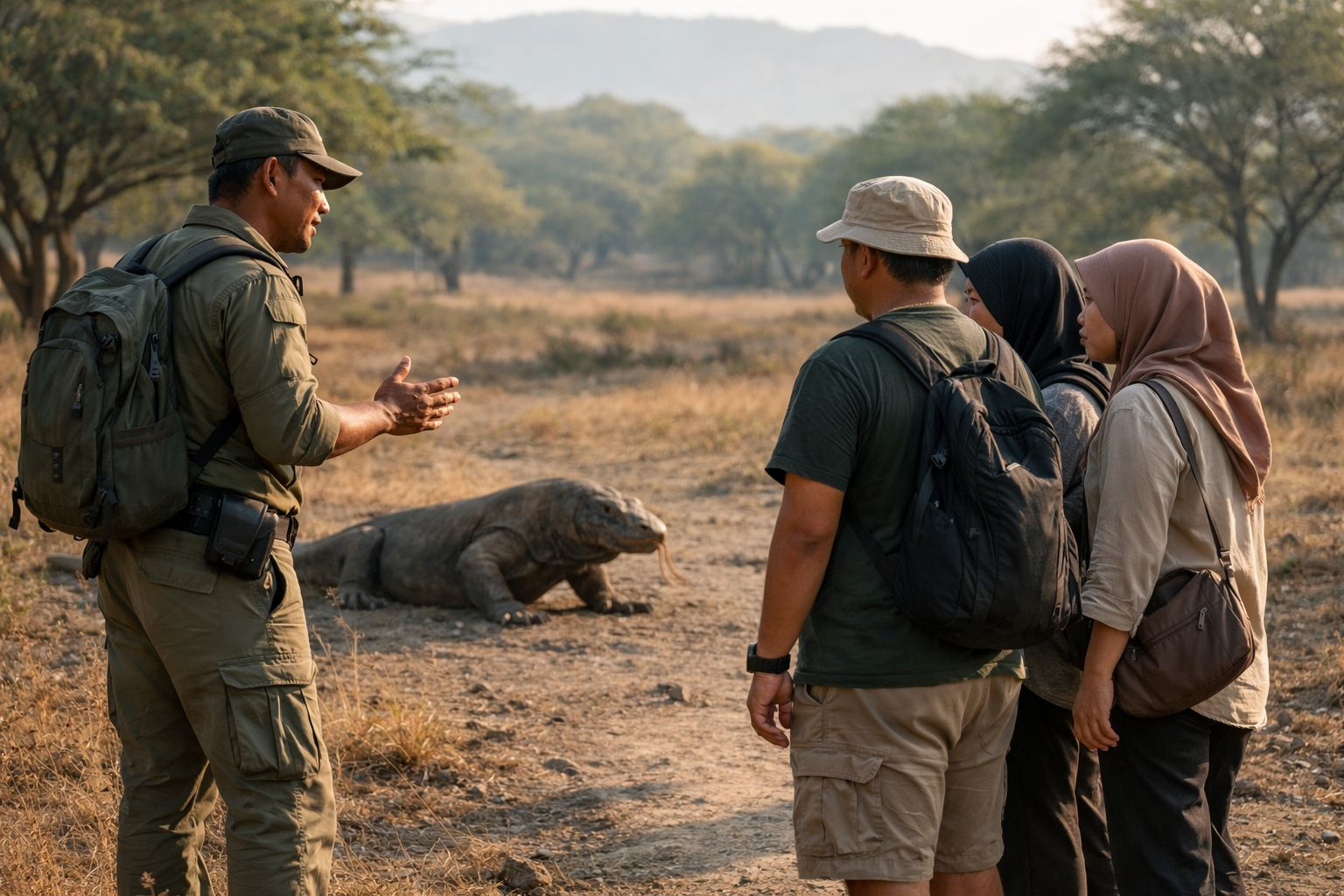 Ranger mendampingi wisatawan melihat komodo dengan aman di Pulau Komodo