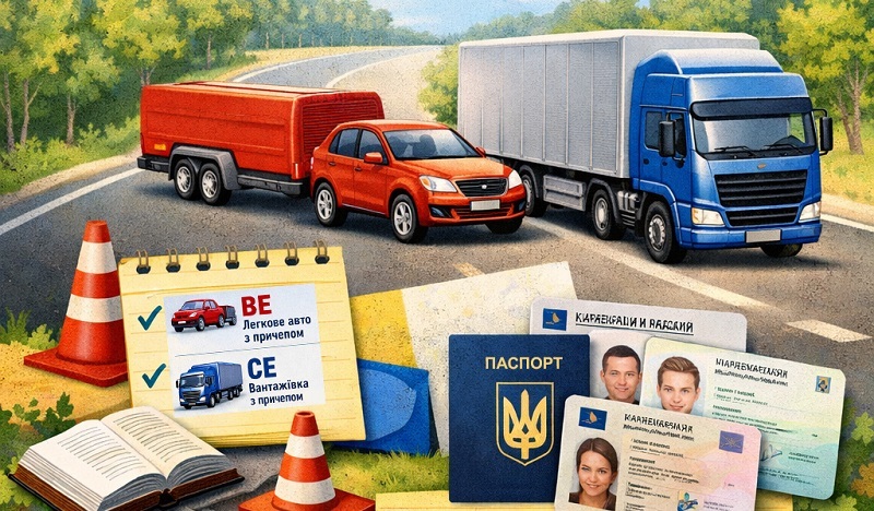 Автомобіль і вантажівка з причепом, категорії — ВЕ і СЕ.