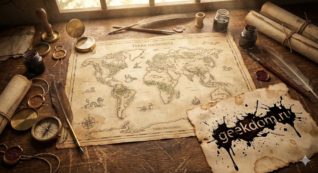 Старинный рабочий стол картографа с перьями, компасом и картой вымышленного мира на пергаменте.