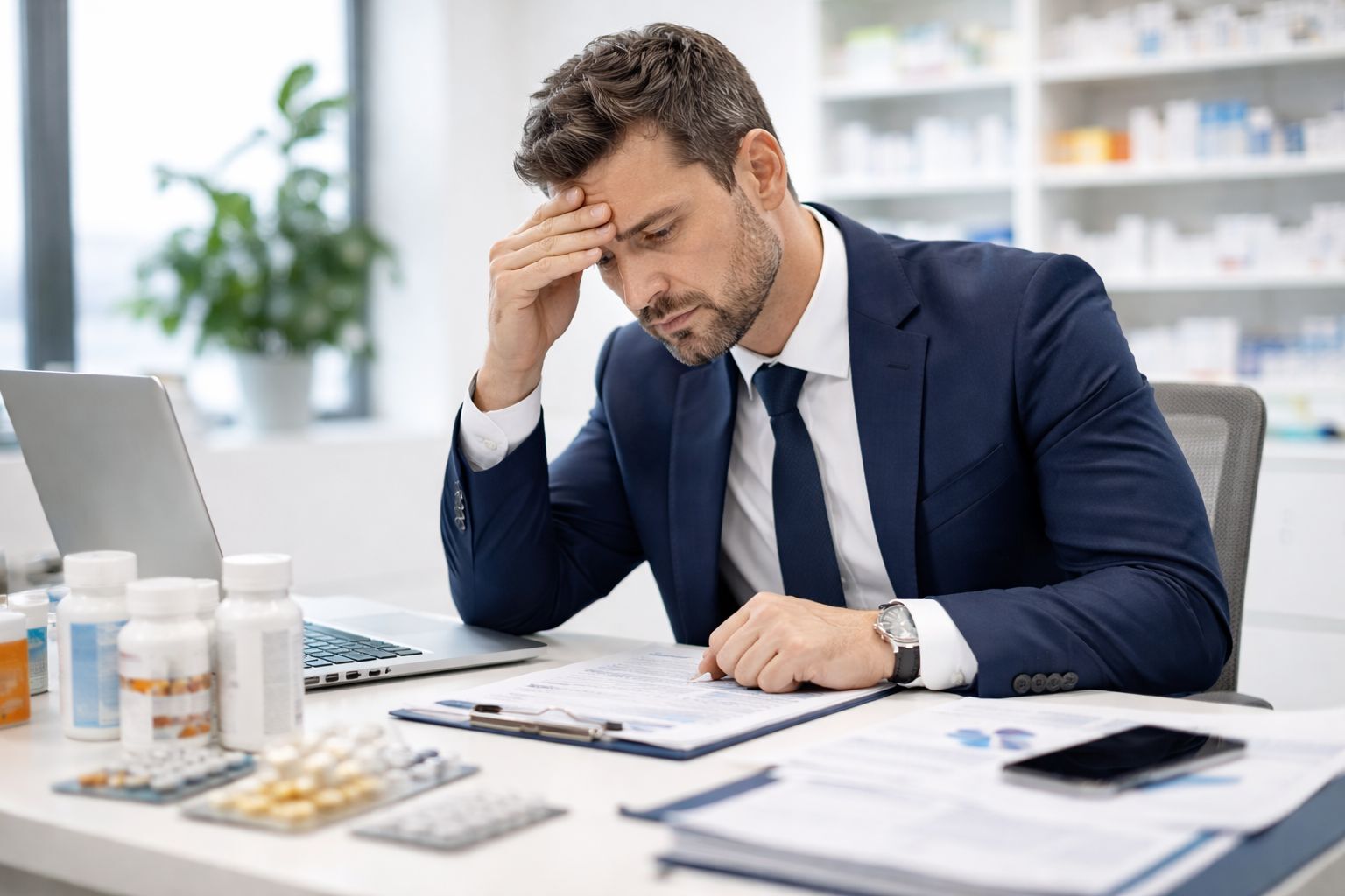 ejecutivo farmaceutico preocupado