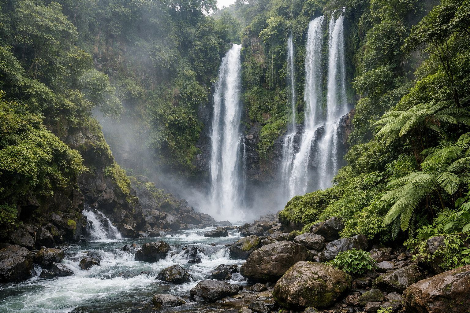 Air Terjun Sekumpul atau Pemuatan di Buleleng Bali dengan beberapa aliran air di lembah hijau