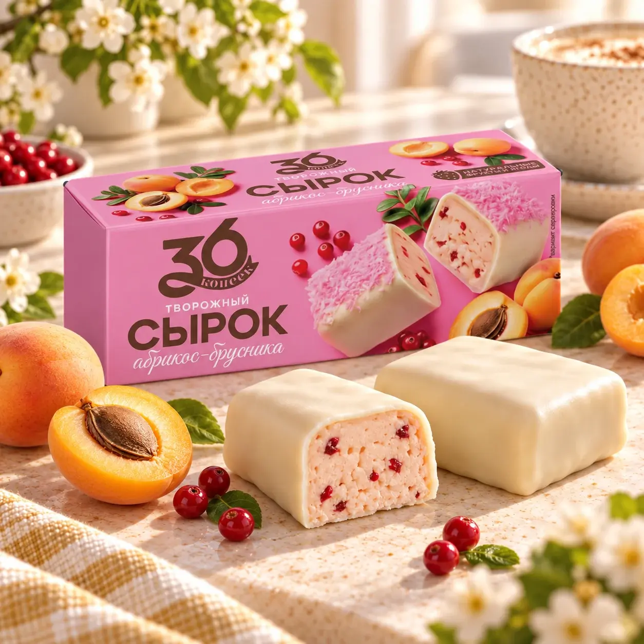Сырок творожный абрикос — брусника — упаковка 36 копеек