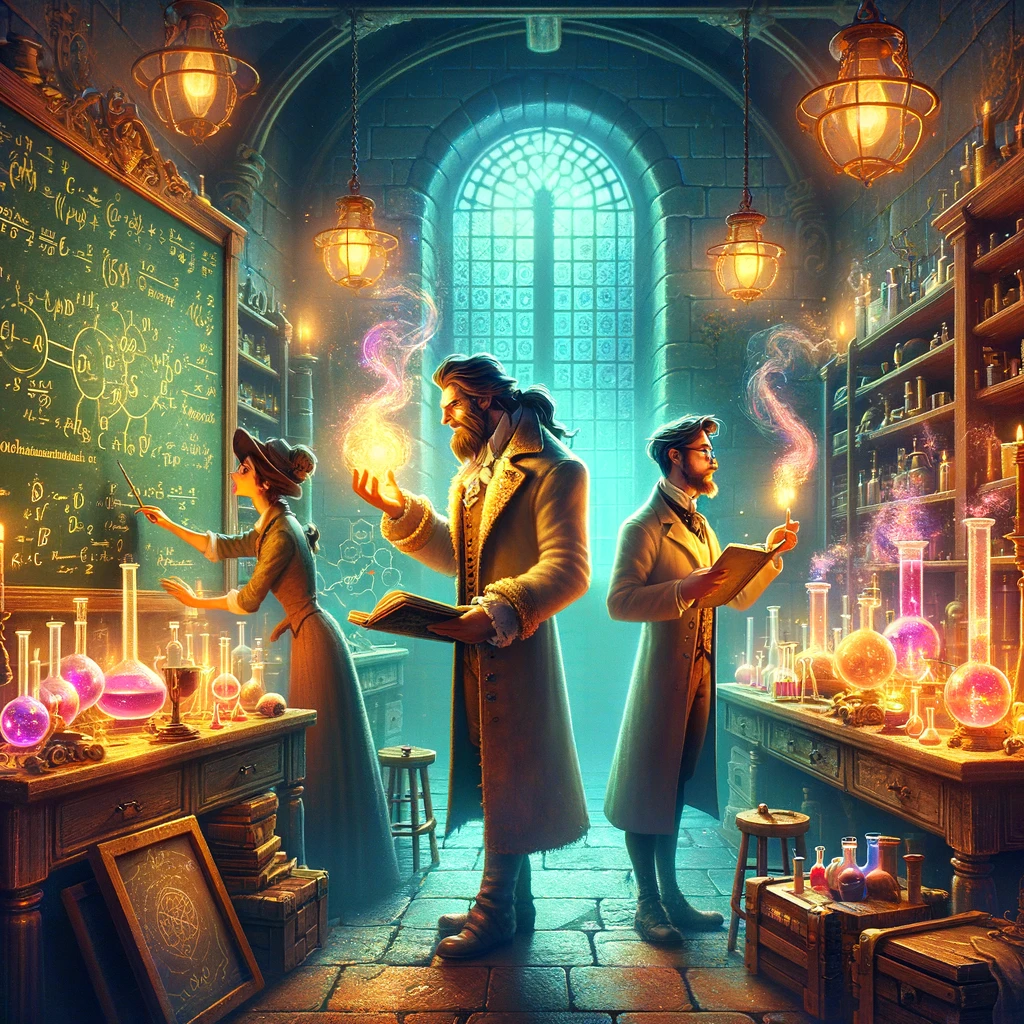 An enchanting, old-fashioned laboratory scene inspired by the style of the animated movie 'Beauty and the Beast'. Three characters, embodying the essence of alchemy and magic, are deeply engaged in their tasks. One character stands near a chalkboard filled with intricate formulas, holding a glowing potion. Another scrutinizes a notebook filled with critical notes, while the third experiments with bubbling flasks emitting mystical vapors. The laboratory is replete with alchemical paraphernalia, casting an atmosphere of scientific enchantment. The scene radiates a sense of confidence and anticipation for a breakthrough, with colors and lighting that evoke a sense of wonder and old-world charm.