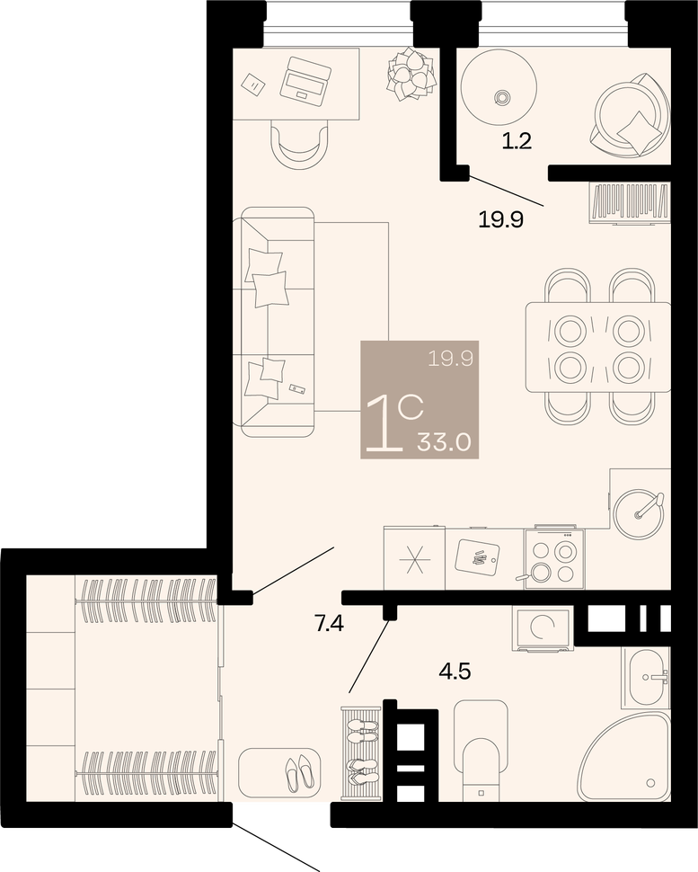 Студия 33 м²