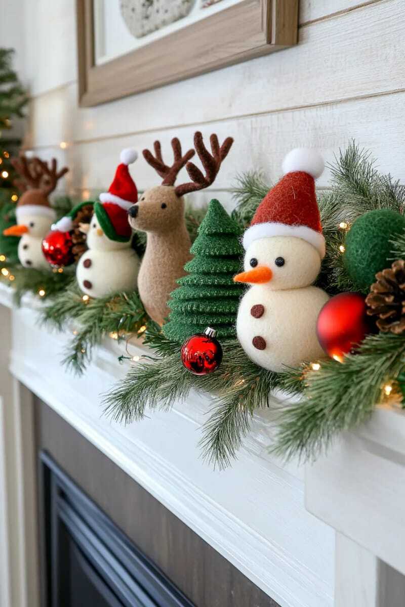 гирлянда, сочетающая в себе мотивы войлочных снеговиков, оленей и рождественской елки 1