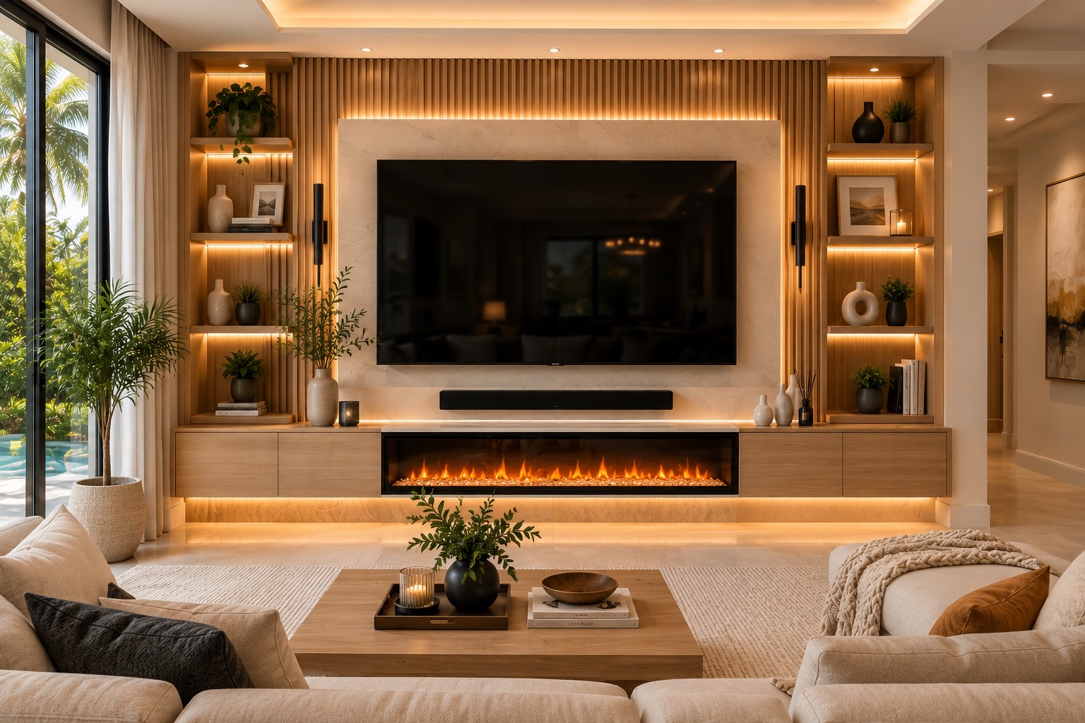 Custom fireplace media wall with built-in shelving and electric fireplace in an Orlando home.