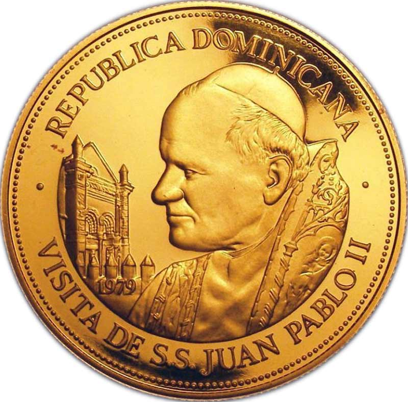 Монеты Доминиканской Республики. Золотая монета, Иоан понтифик. Доминикана золото. 250 Песет. Монета золотая 1000