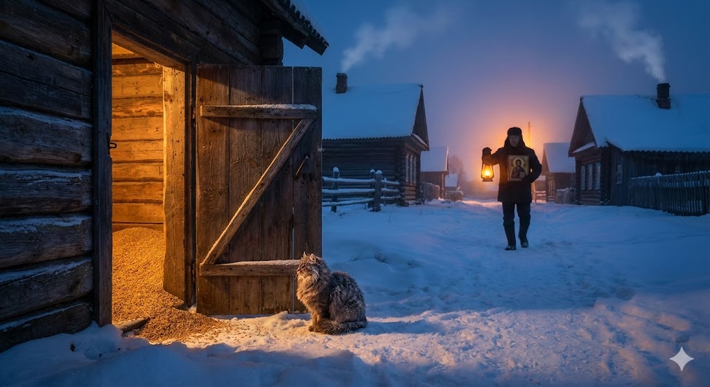 Зимний вечер в деревне на Трифона-мышегона, кот охраняет амбар с зерном