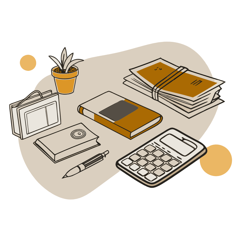 Минималистичная иллюстрация офисных и учебных предметов, включая растение в горшке, книги, калькулятор и ручку, на бежевом фоне с жёлтыми акцентами.