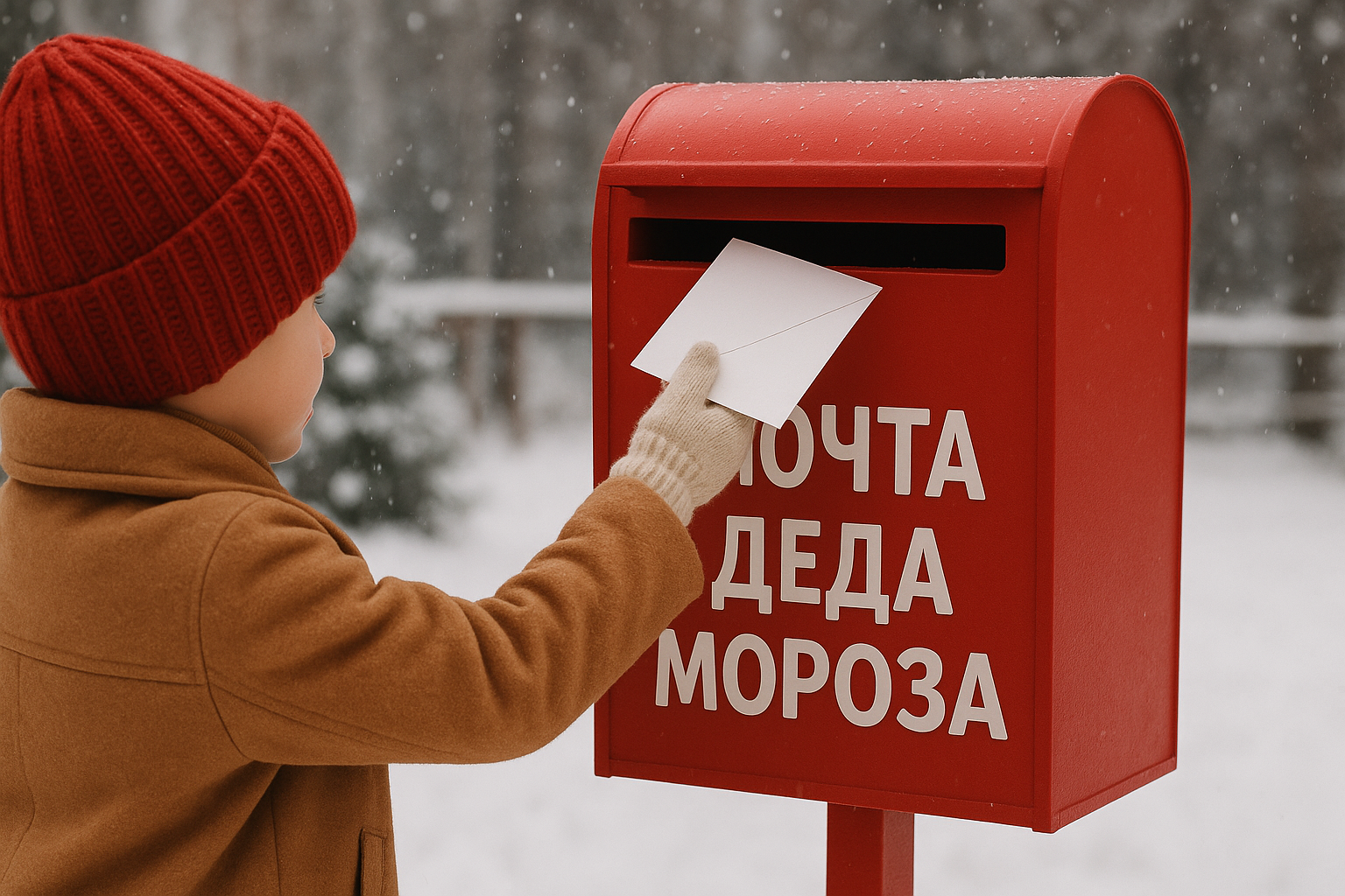 Ребёнок кладёт письмо в красный почтовый ящик с надписью Почта Деда Мороза