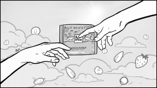 Черно-белая иллюстрация в стиле раскадровки: две руки тянутся к плитке шоколада Ritter Sport Hazelnut, парящей в небе среди орехов и ягод. Рекламная концепт-арт сцена для бренда шоколада