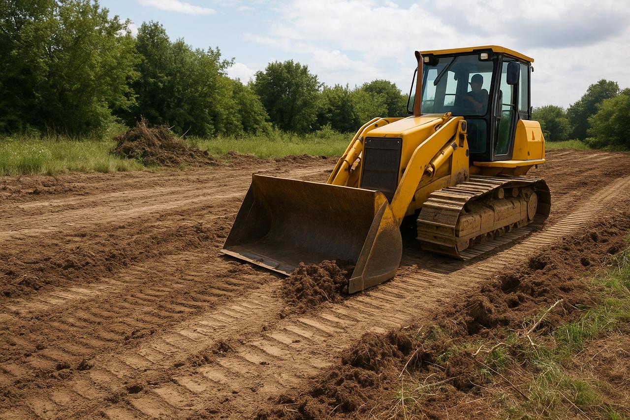 Професионално изчистване и подготовка на терена с булдозер преди асфалтиране в София — изравняване на почвата и оформяне на основата.
