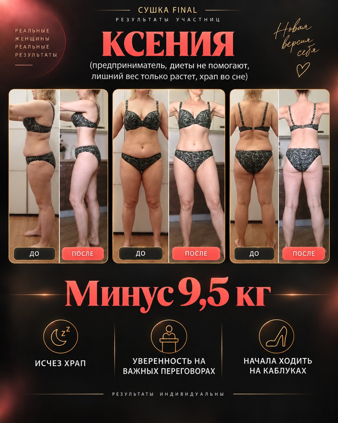 Результат участницы СУШКИ — Ксения · −9,5 кг