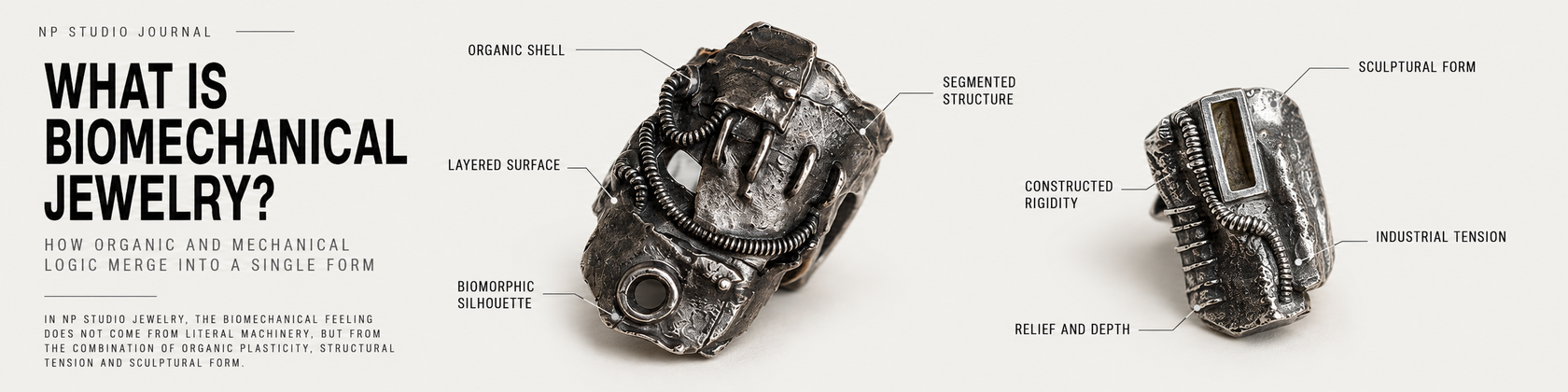 What is biomechanical jewelry: organic shell, segmented structure, layered surface, sculptural form and industrial tension shown through real NP Studio rings