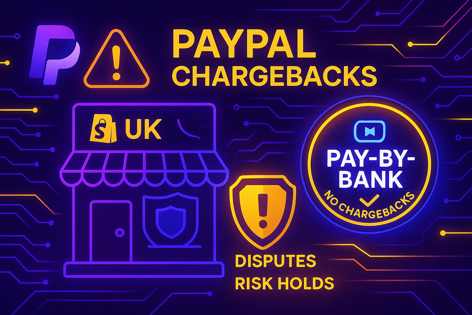 Futuristic digital illustration showing PayPal chargeback warnings, a UK Shopify storefront, and a glowing Pay-by-Bank badge indicating no chargebacks, symbolising dispute reduction for online merchants