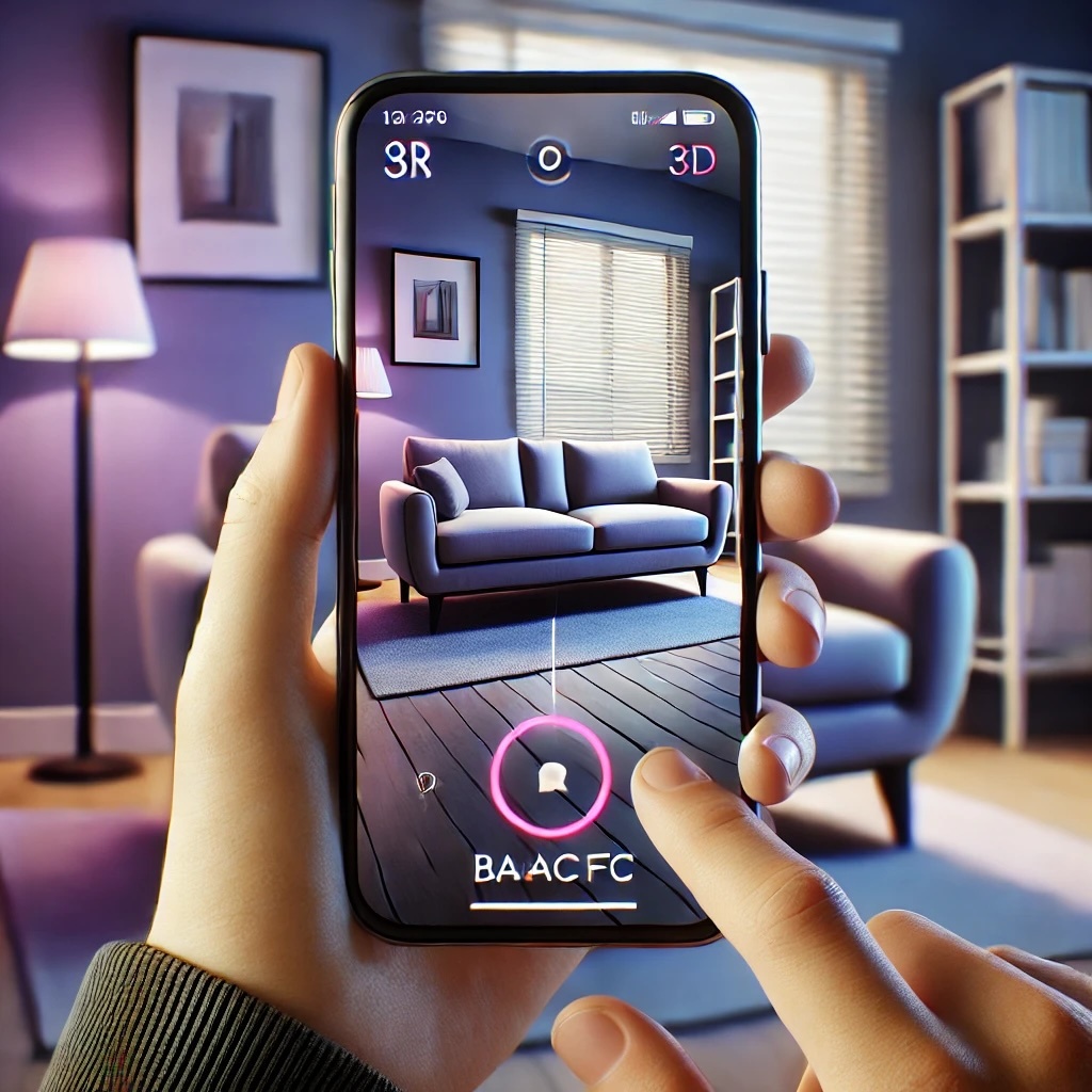 Клиент использует AR-приложение для виртуального просмотра мебели в своем интерьере.