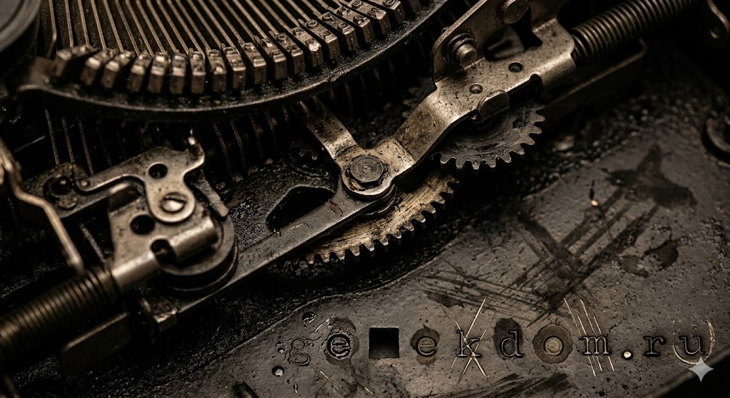 Механизм старинной печатной машинки крупным планом.