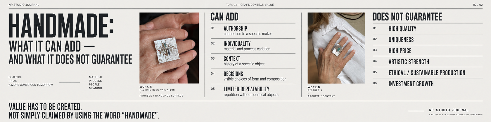 NP Studio Journal infographic showing that no single factor automatically guarantees value in handmade jewelry