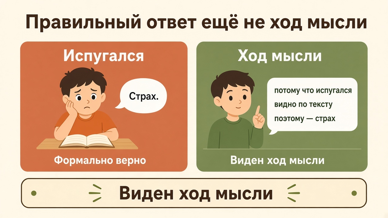 Одно слово «испугался» и развёрнутый ход мысли — разный уровень работы