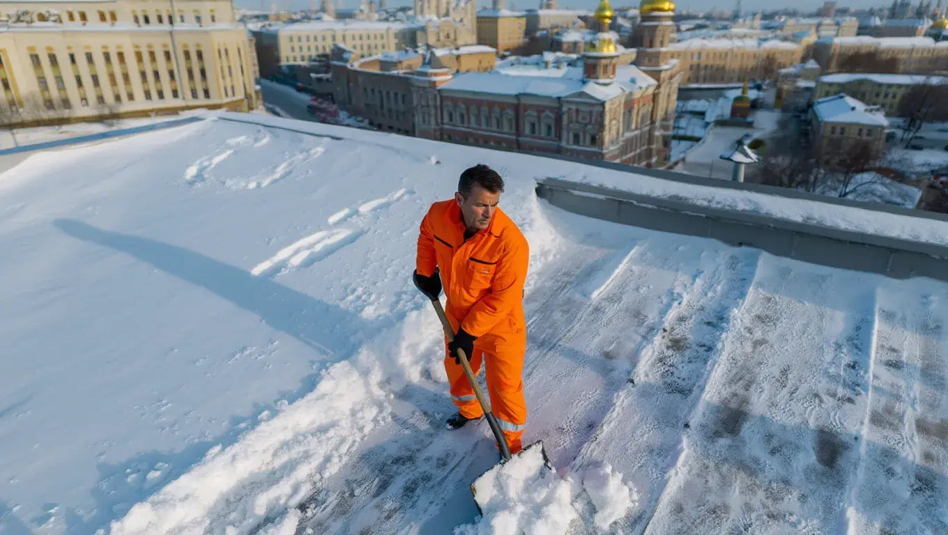 Рабочий в оранжевом комбинезоне чистит снег на плоской кровле здания в Москве зимой