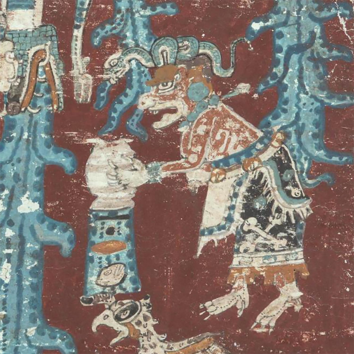 Иш-чель переворачивает сосуд с водой, что, вероятно, символизирует великий потоп. Дрезденский кодекс. Майя, 13-14 вв. н.э. Коллекция Saxon State and University Library, Дрезден.