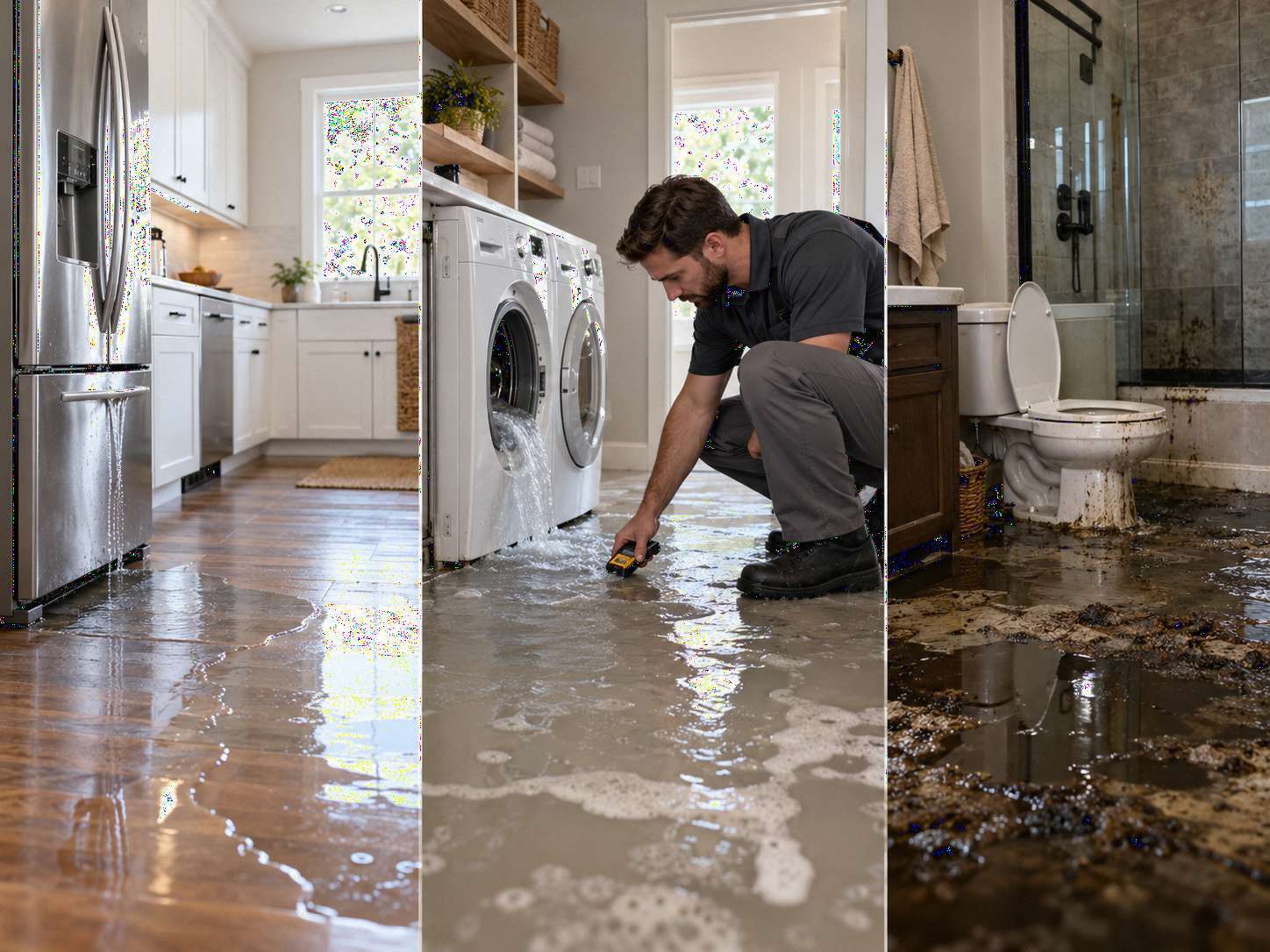 Water damage categories 1, 2, and 3 showing clean water from a refrigerator leak, gray water from a washing machine overflow, and black water from a sewage backup