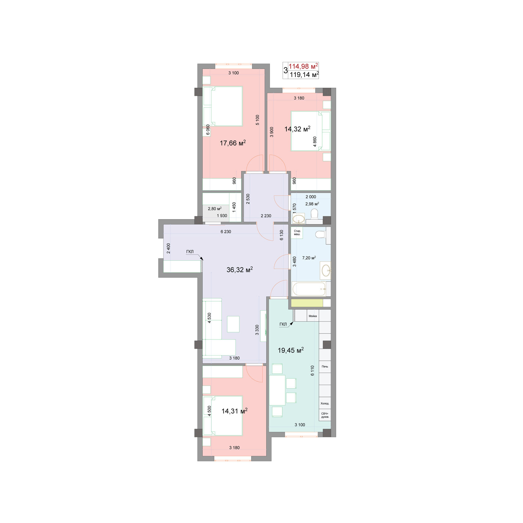 ЖК «Наследие» Нальчик, планировка квартира 119,14 м²