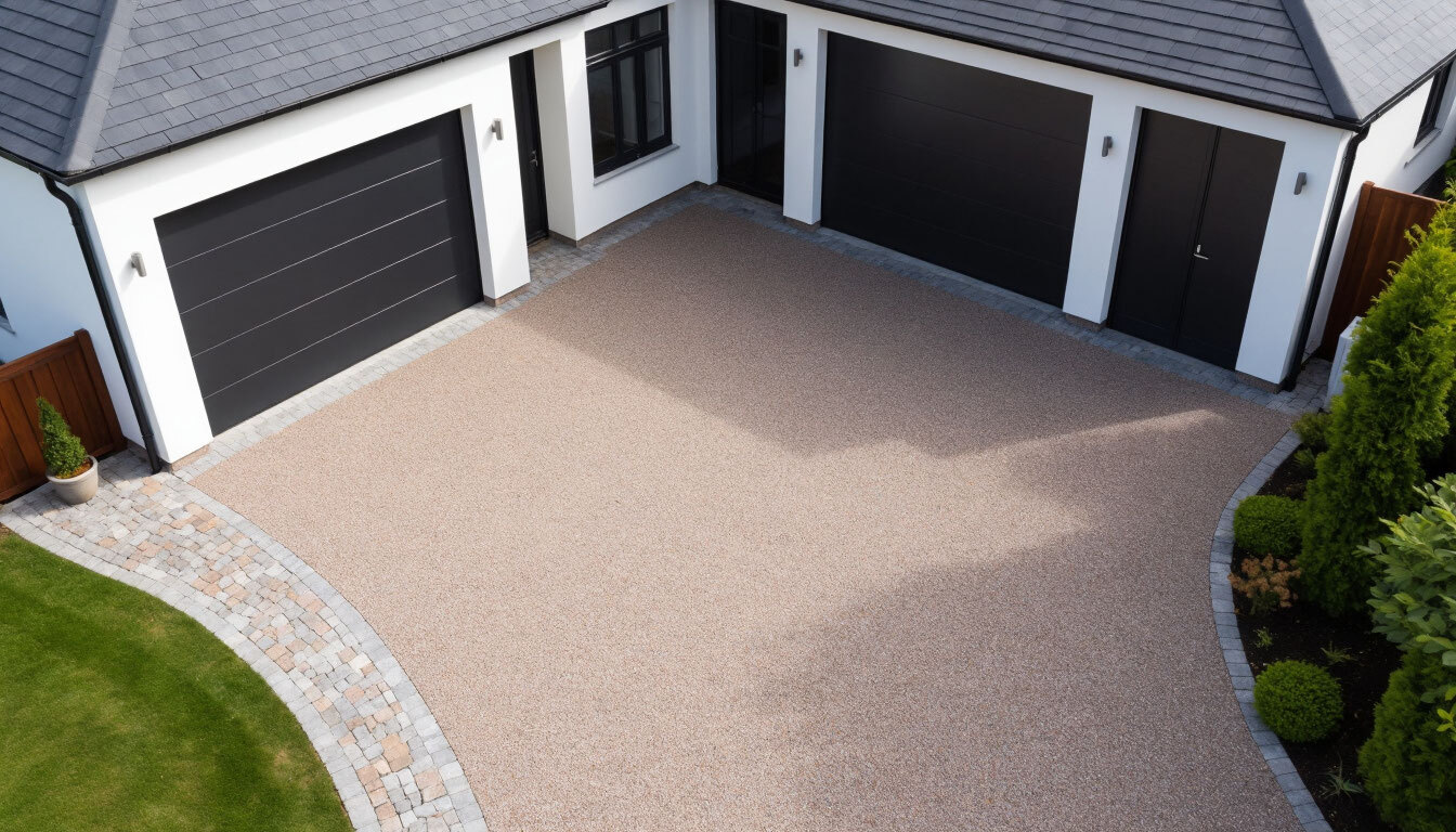 large resin bound driveway with decorative color pattern