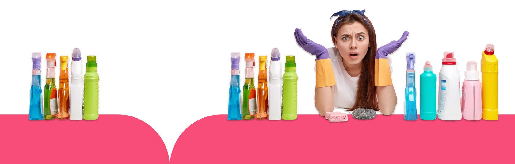 Девушка среди средств для уборки и бытовой химии с удивленным выражением лица