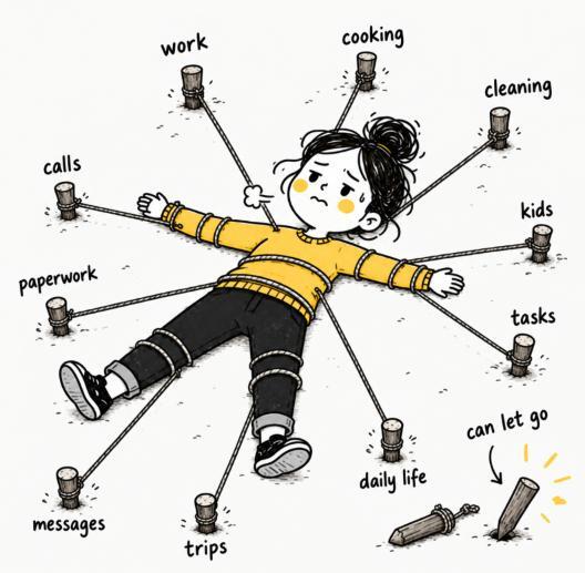 Illustration: a woman tied down like Gulliver by work, kids, calls and paperwork