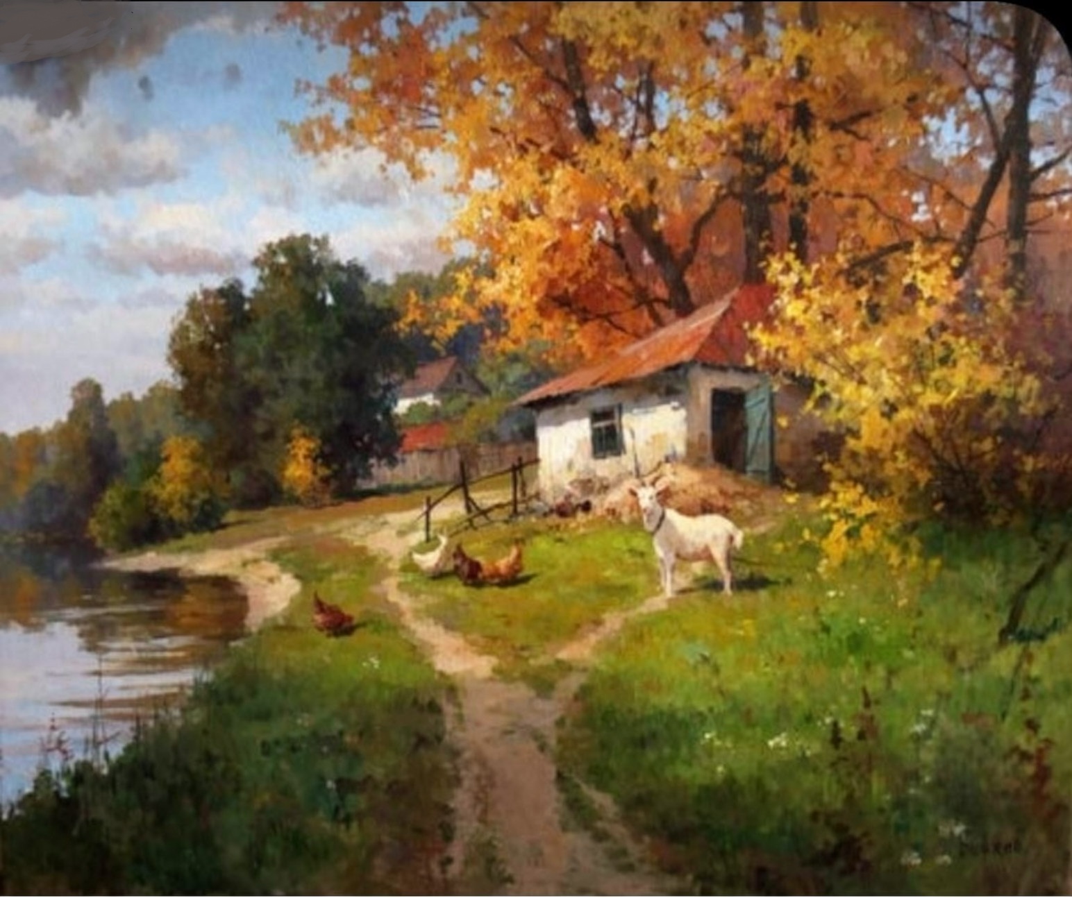 Деревенский пейзаж с козами у речки