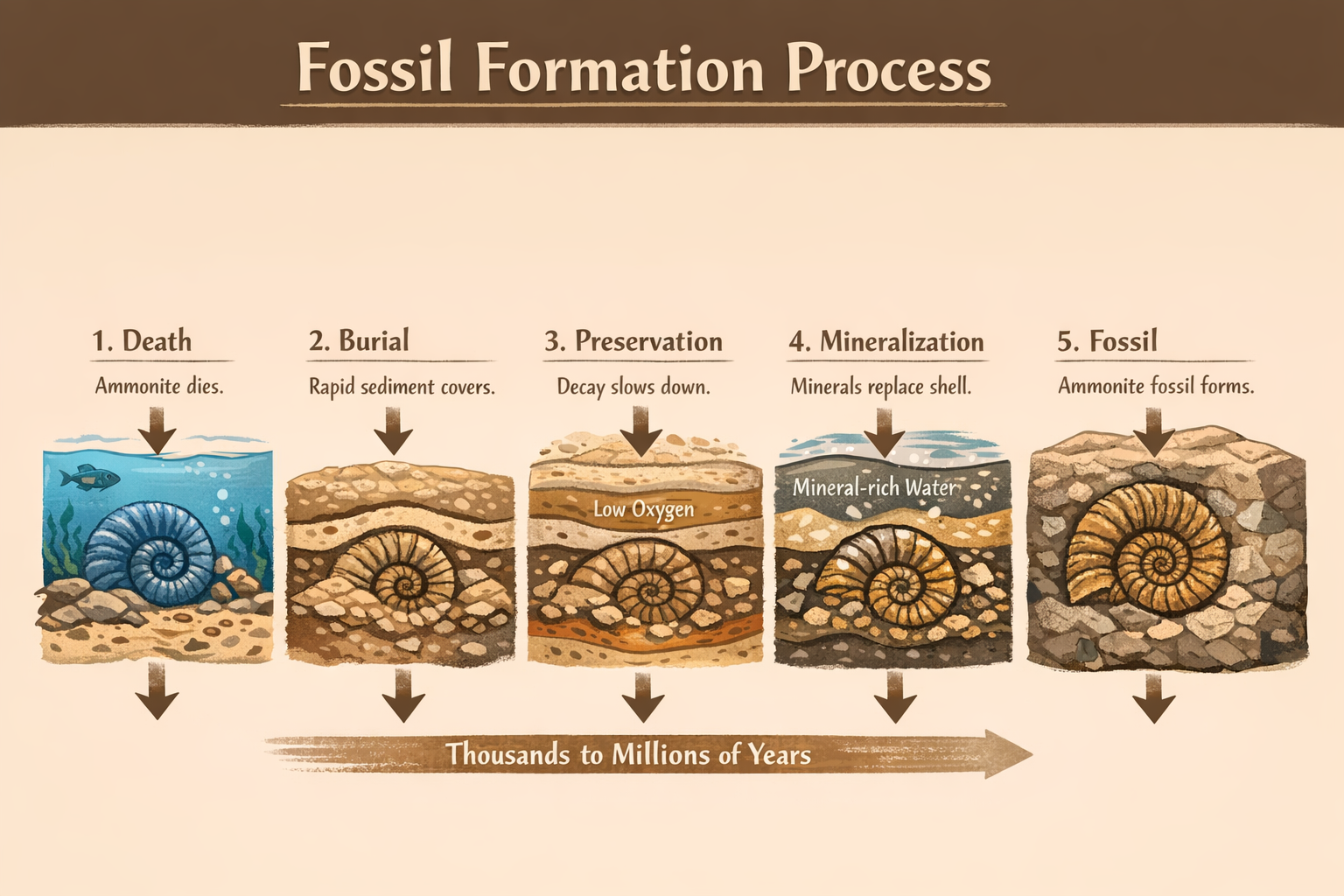 step by step ammonite fossil formation diagram with sediment burial low oxygen and mineral replacemen