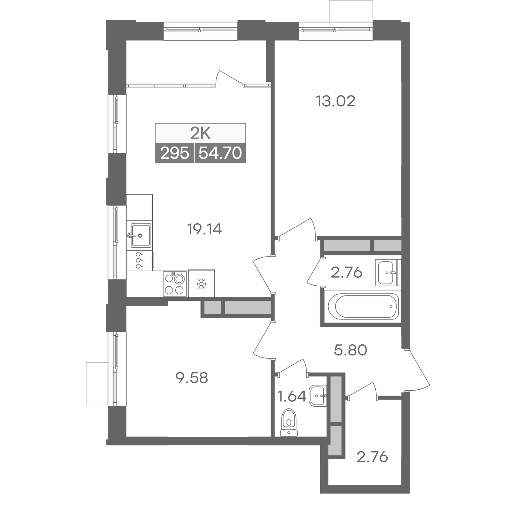Планировка двухкомнатной квартиры 54.70 м² в доме 1 ЖК Новая Жизнь