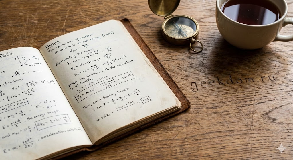 Старый блокнот по физике на дубовом столе
