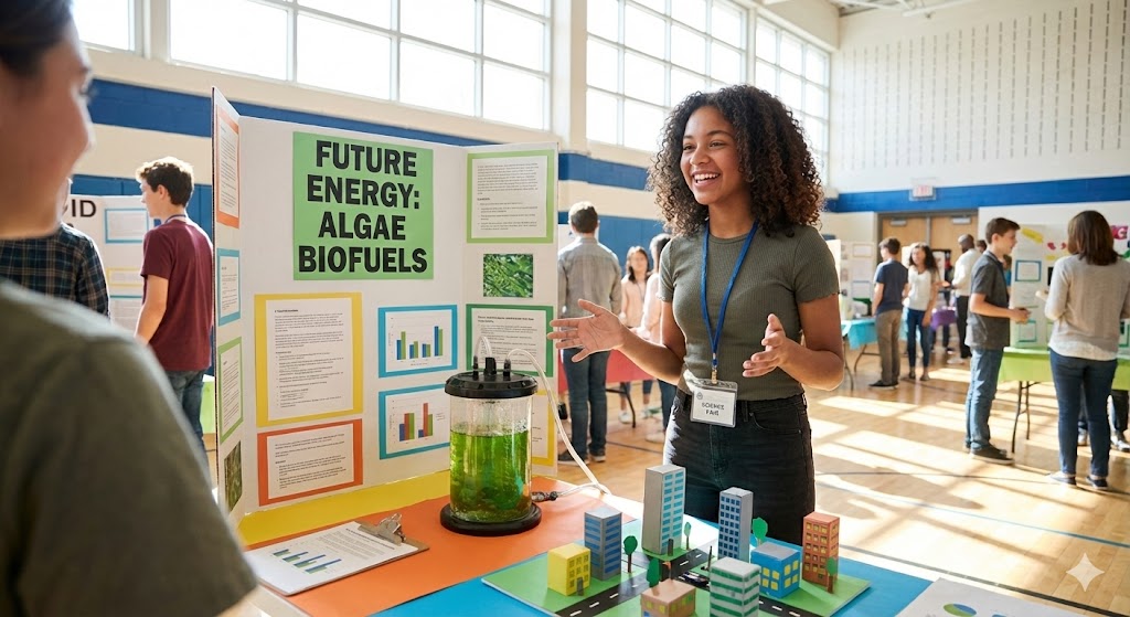 Подросток презентует научный проект на школьной выставке в День детских изобретений